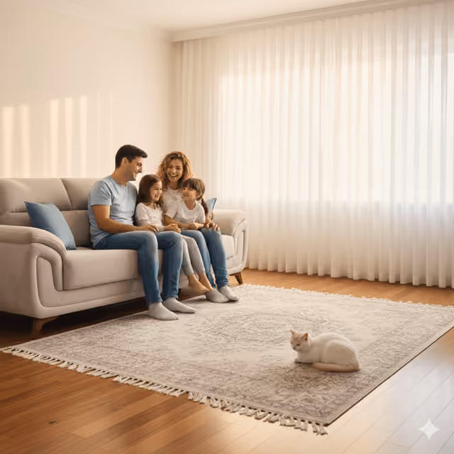 İkinci el koltuk takımı ve halının bulunduğu aydınlık oturma odası
