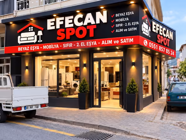 Söke Efecan Spot dükkanı; içeride beyaz eşya ve mobilya, önünde eşya taşıma kamyoneti